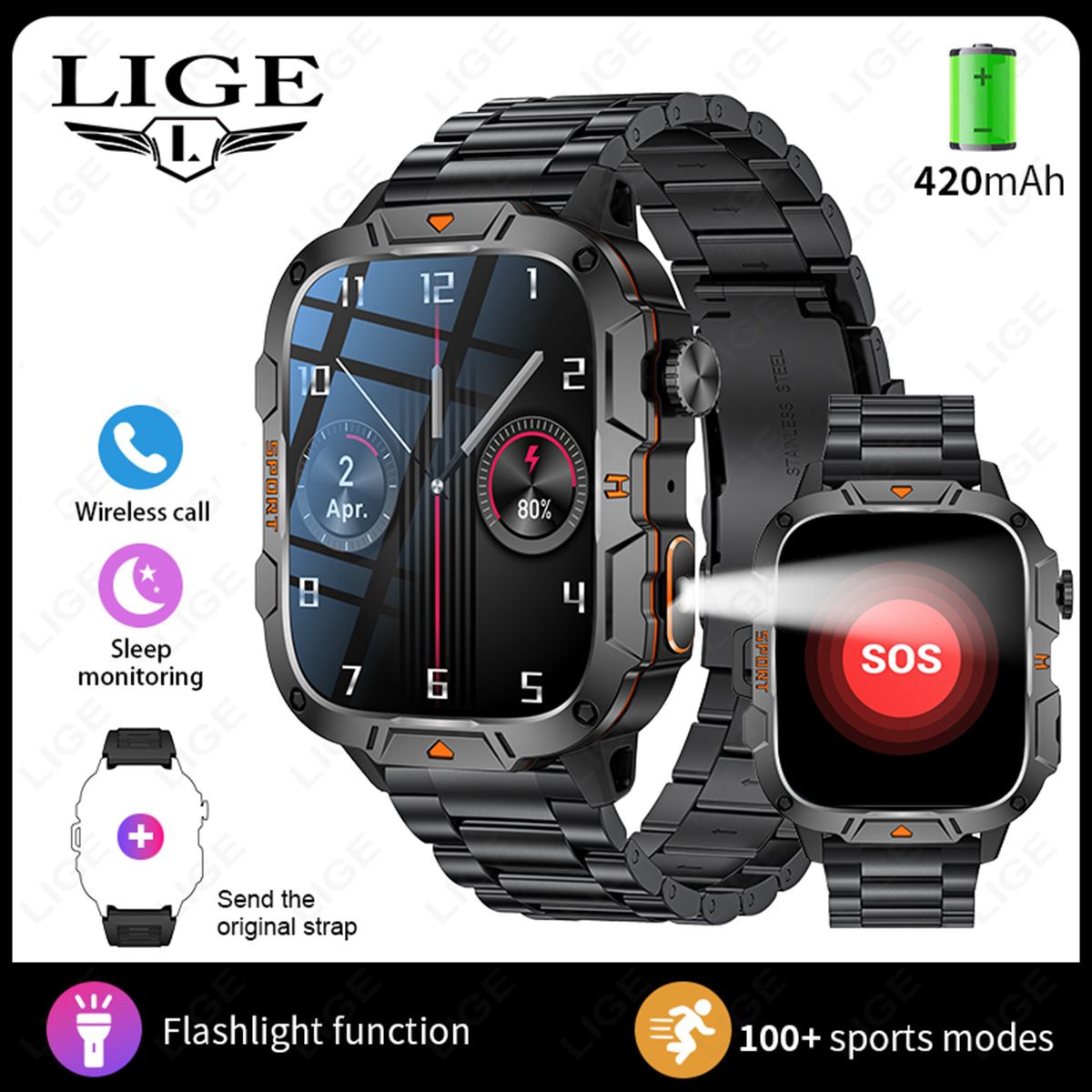 QX12 New Smart Watch Multi-functional Bluetooth Call Waterproof Pedometer Sports Men's Watch Rugged Military Sports Smart Watch For Men Heart Rate Monitor Outdoor Smart Watch With LED Flashlight SOS