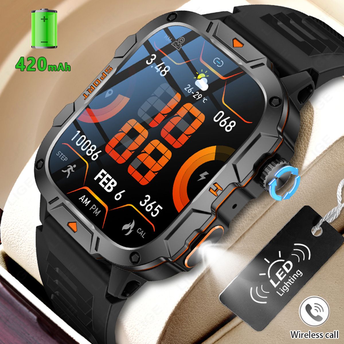 QX12 New Smart Watch Multi-functional Bluetooth Call Waterproof Pedometer Sports Men's Watch Rugged Military Sports Smart Watch For Men Heart Rate Monitor Outdoor Smart Watch With LED Flashlight SOS