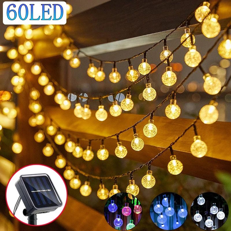Solar Crystal Globe LED String Lights 60 LED 8 Lighting Modes IP65 Fairy Light Christmas Garland For Garden Party Decor 1pc Solar String Lights Outdoor