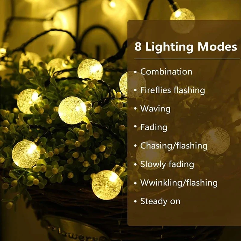 Solar Crystal Globe LED String Lights 60 LED 8 Lighting Modes IP65 Fairy Light Christmas Garland For Garden Party Decor 1pc Solar String Lights Outdoor