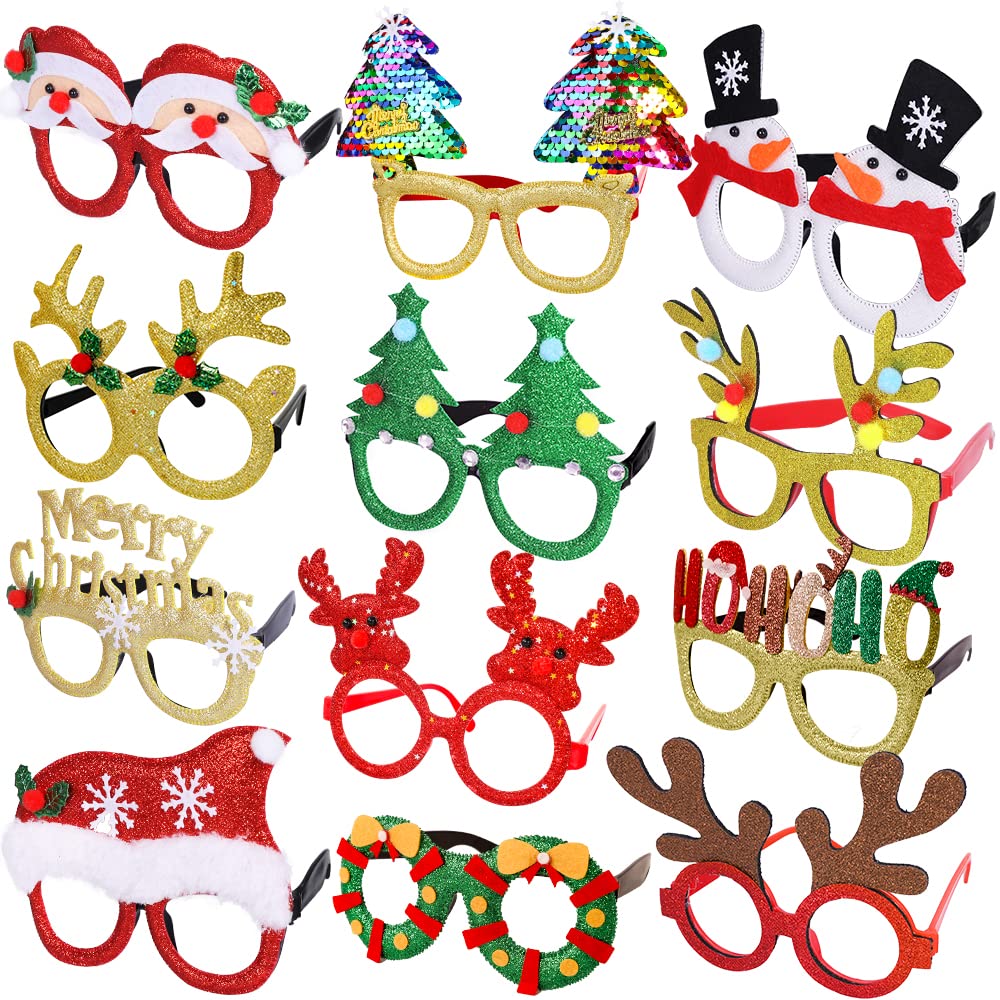 12Pcs Christmas Glasses Glitter Holiday Party Glasses Frames Christmas Decoration Accessories Costume Eyeglasses for Christmas Parties Holiday Favors (One Size Fits All)