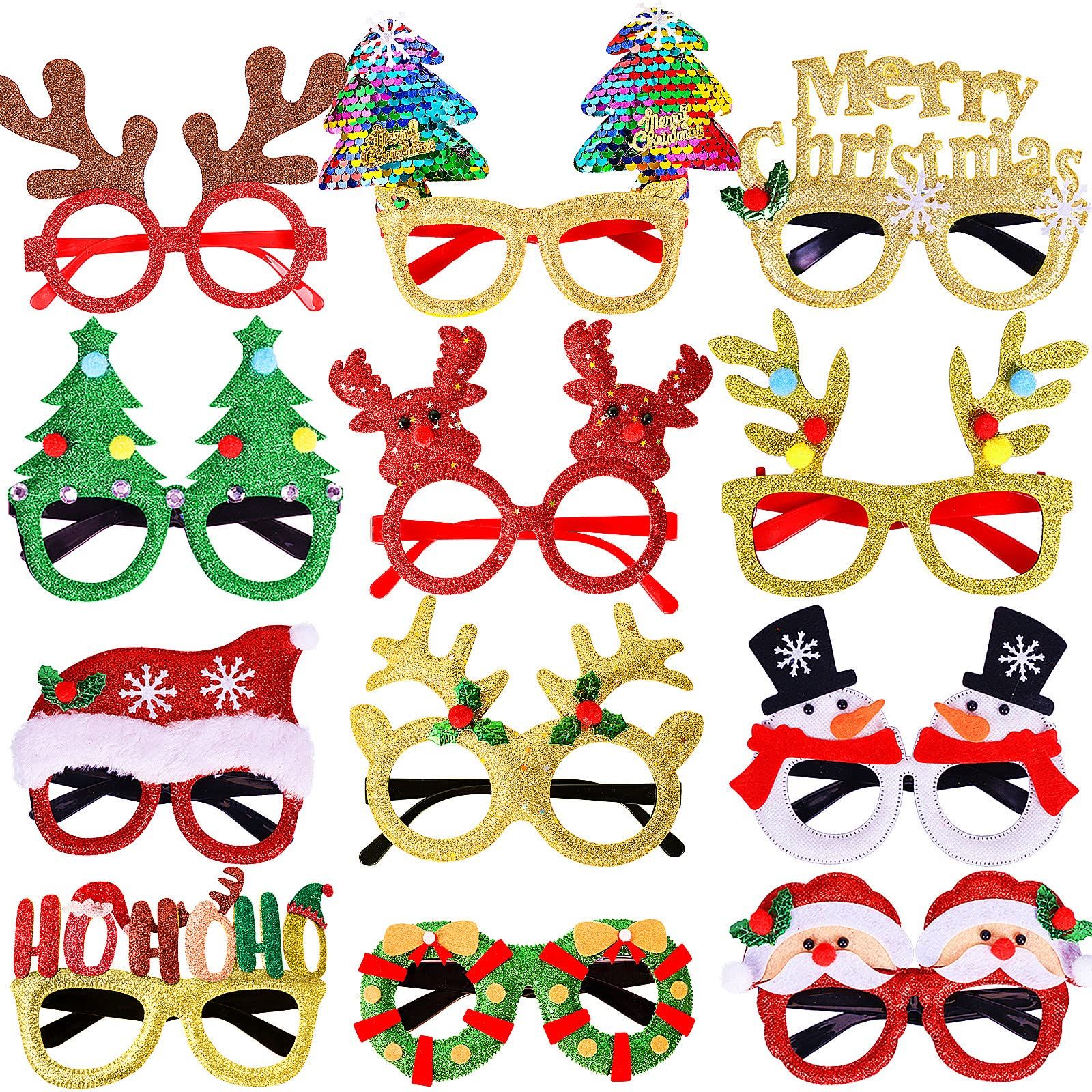 12Pcs Christmas Glasses Glitter Holiday Party Glasses Frames Christmas Decoration Accessories Costume Eyeglasses for Christmas Parties Holiday Favors (One Size Fits All)