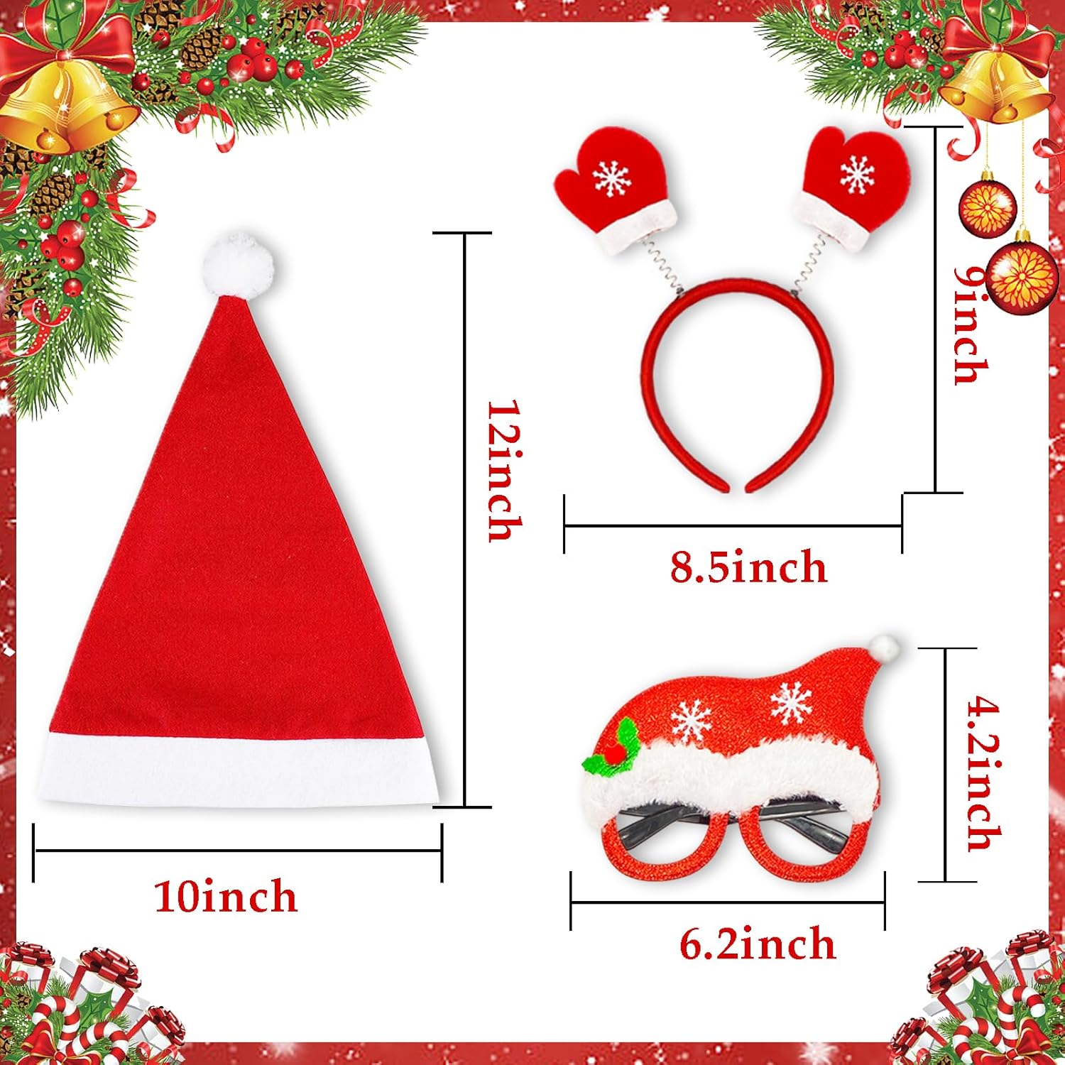 18Pcs Christmas Glasses Frame Christmas Headbands Christmas Hats Set, Hair Hoop Eyewear Eyeglasses Christmas Decoration, Santa Hat Christmas Photo Props for Xmas Party Supplies Holiday Favors