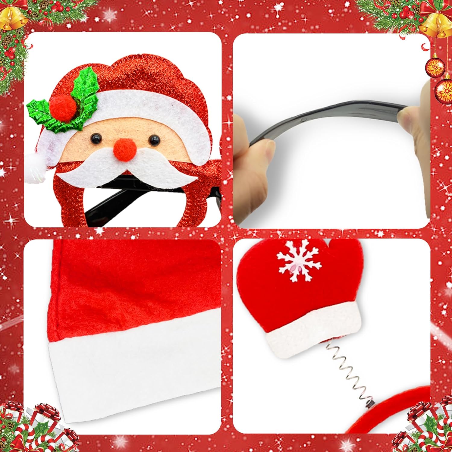 18Pcs Christmas Glasses Frame Christmas Headbands Christmas Hats Set, Hair Hoop Eyewear Eyeglasses Christmas Decoration, Santa Hat Christmas Photo Props for Xmas Party Supplies Holiday Favors