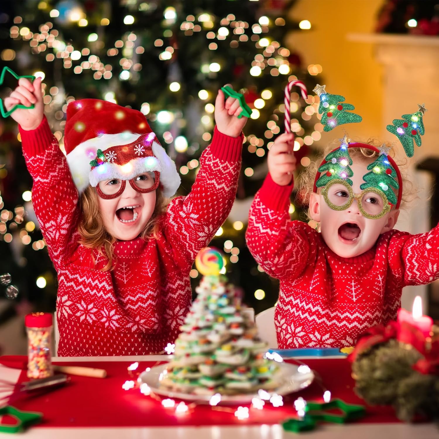 18Pcs Christmas Glasses Frame Christmas Headbands Christmas Hats Set, Hair Hoop Eyewear Eyeglasses Christmas Decoration, Santa Hat Christmas Photo Props for Xmas Party Supplies Holiday Favors