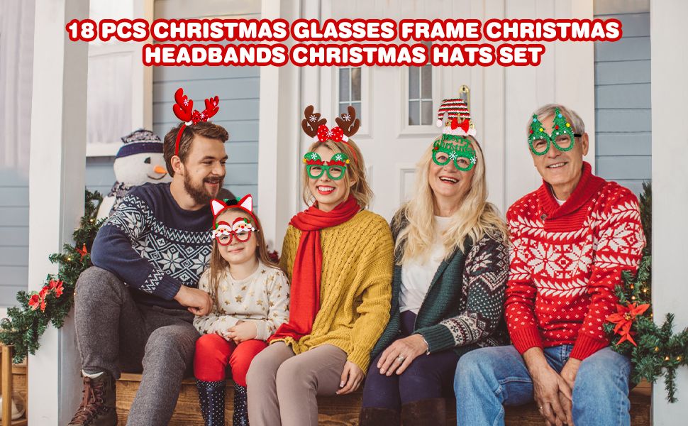 18Pcs Christmas Glasses Frame Christmas Headbands Christmas Hats Set, Hair Hoop Eyewear Eyeglasses Christmas Decoration, Santa Hat Christmas Photo Props for Xmas Party Supplies Holiday Favors