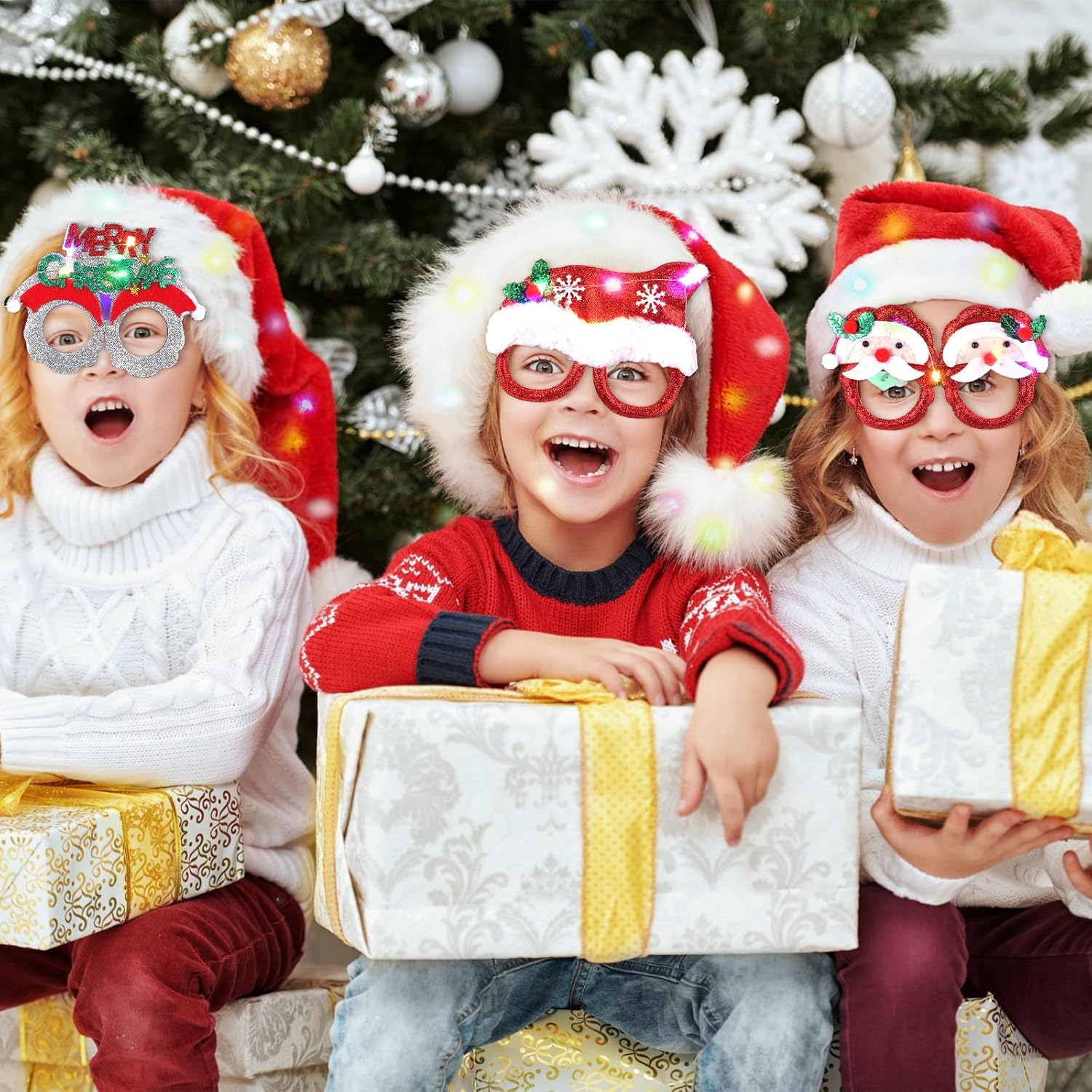 18Pcs Christmas Glasses Frame Christmas Headbands Christmas Hats Set, Hair Hoop Eyewear Eyeglasses Christmas Decoration, Santa Hat Christmas Photo Props for Xmas Party Supplies Holiday Favors