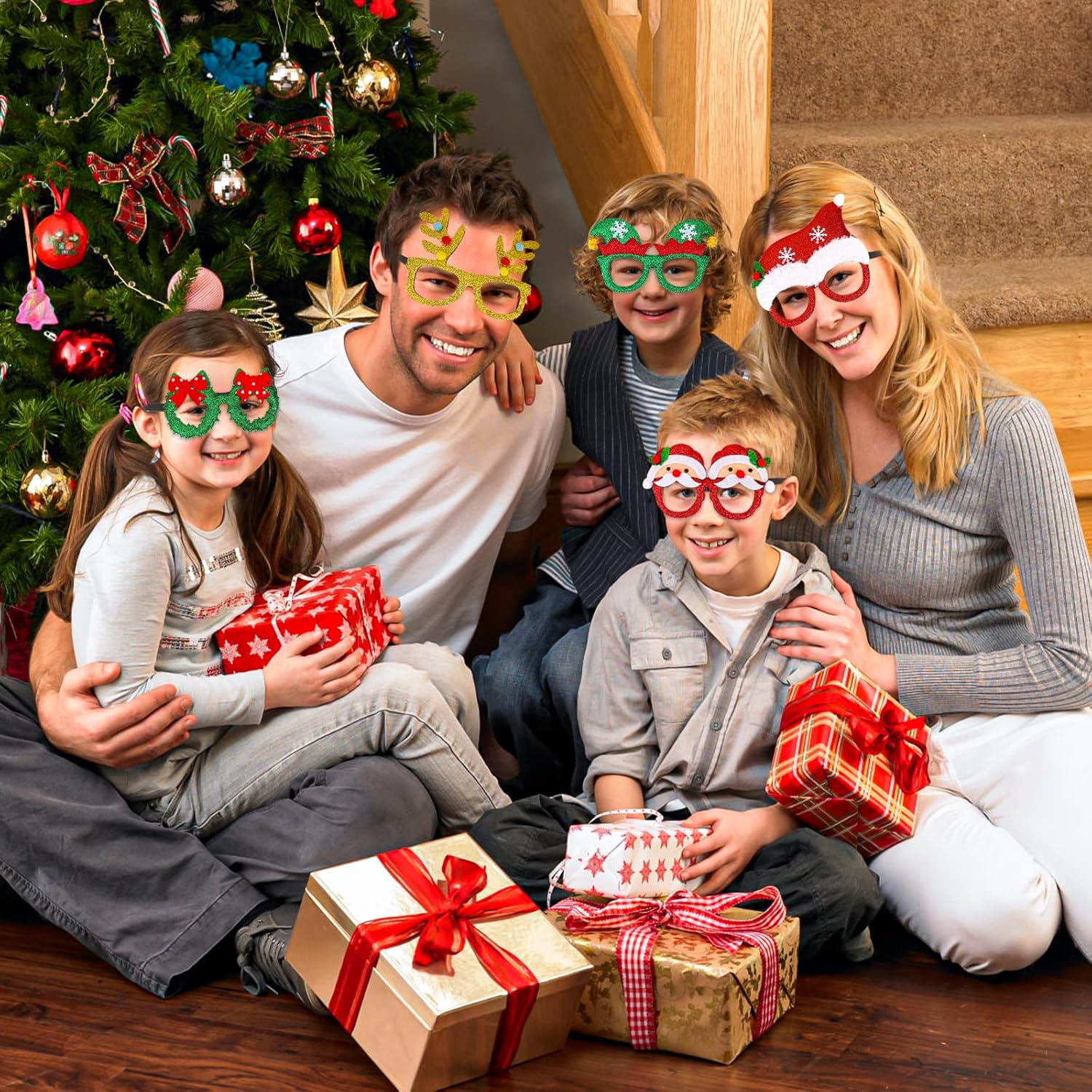 18Pcs Christmas Glasses Frame Christmas Headbands Christmas Hats Set, Hair Hoop Eyewear Eyeglasses Christmas Decoration, Santa Hat Christmas Photo Props for Xmas Party Supplies Holiday Favors