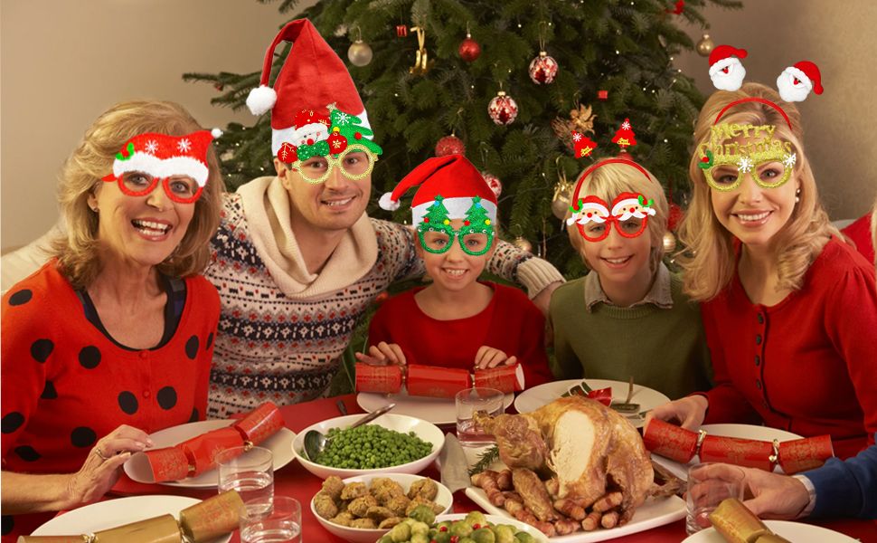 18Pcs Christmas Glasses Frame Christmas Headbands Christmas Hats Set, Hair Hoop Eyewear Eyeglasses Christmas Decoration, Santa Hat Christmas Photo Props for Xmas Party Supplies Holiday Favors