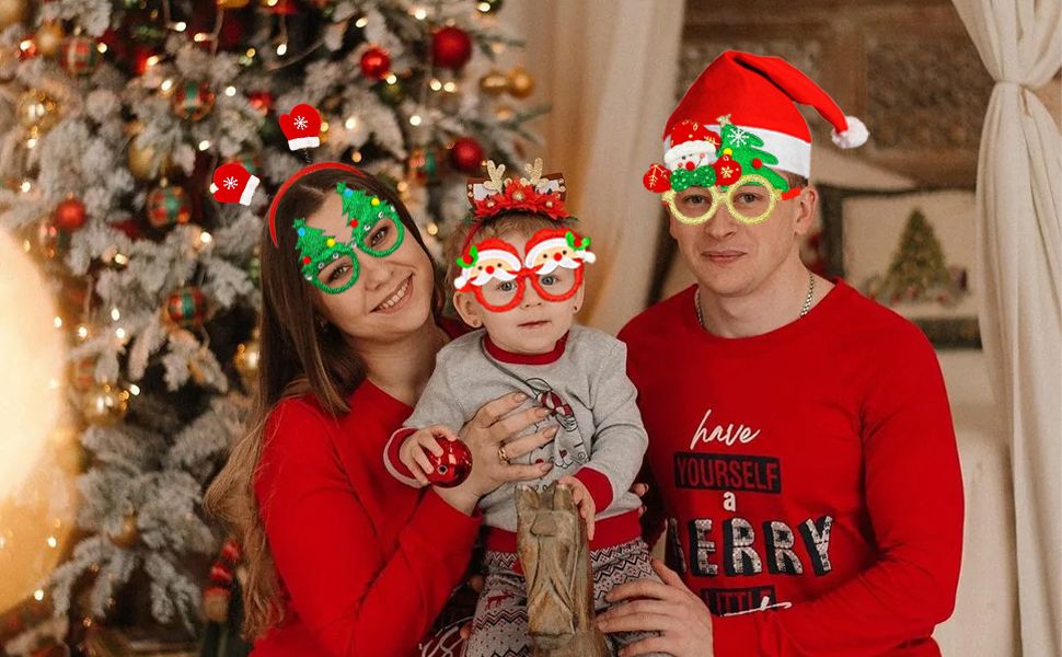 18Pcs Christmas Glasses Frame Christmas Headbands Christmas Hats Set, Hair Hoop Eyewear Eyeglasses Christmas Decoration, Santa Hat Christmas Photo Props for Xmas Party Supplies Holiday Favors