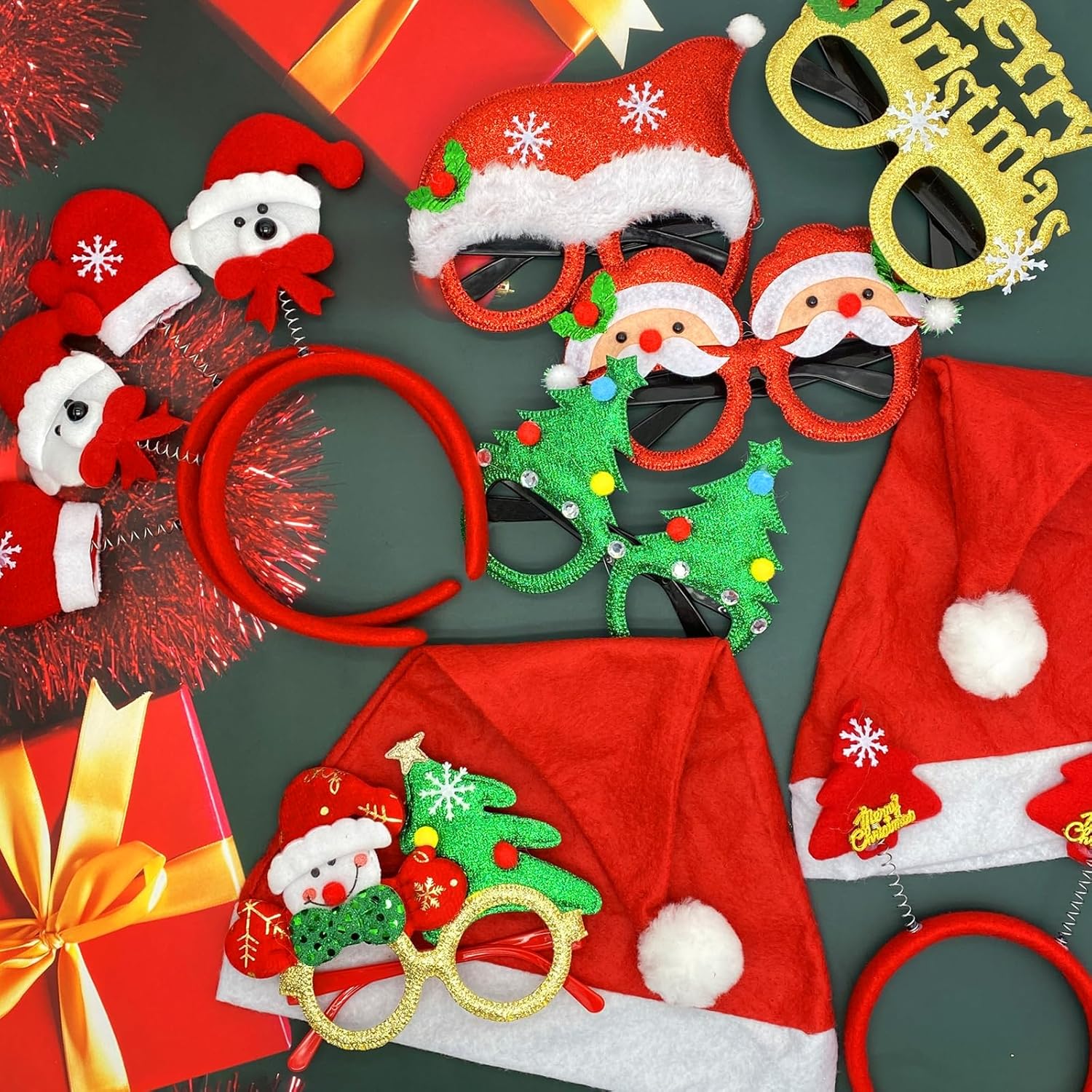 18Pcs Christmas Glasses Frame Christmas Headbands Christmas Hats Set, Hair Hoop Eyewear Eyeglasses Christmas Decoration, Santa Hat Christmas Photo Props for Xmas Party Supplies Holiday Favors