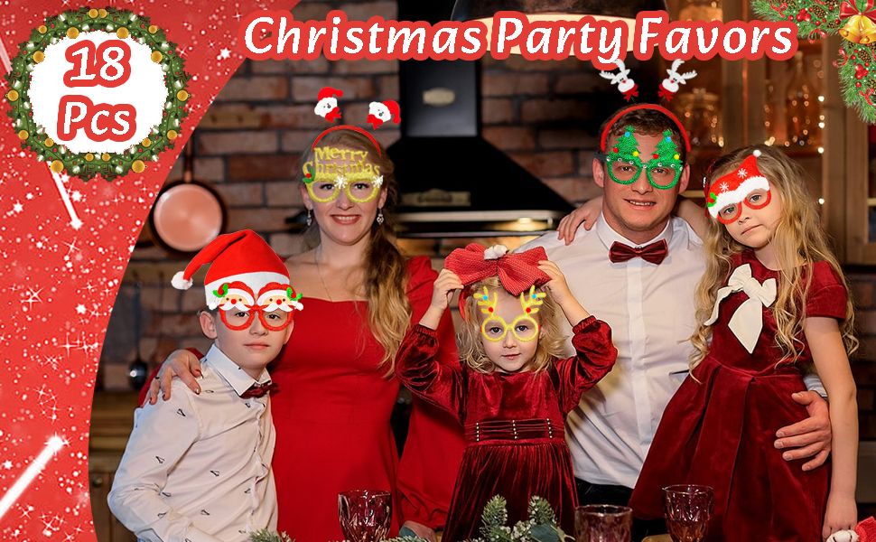 18Pcs Christmas Glasses Frame Christmas Headbands Christmas Hats Set, Hair Hoop Eyewear Eyeglasses Christmas Decoration, Santa Hat Christmas Photo Props for Xmas Party Supplies Holiday Favors