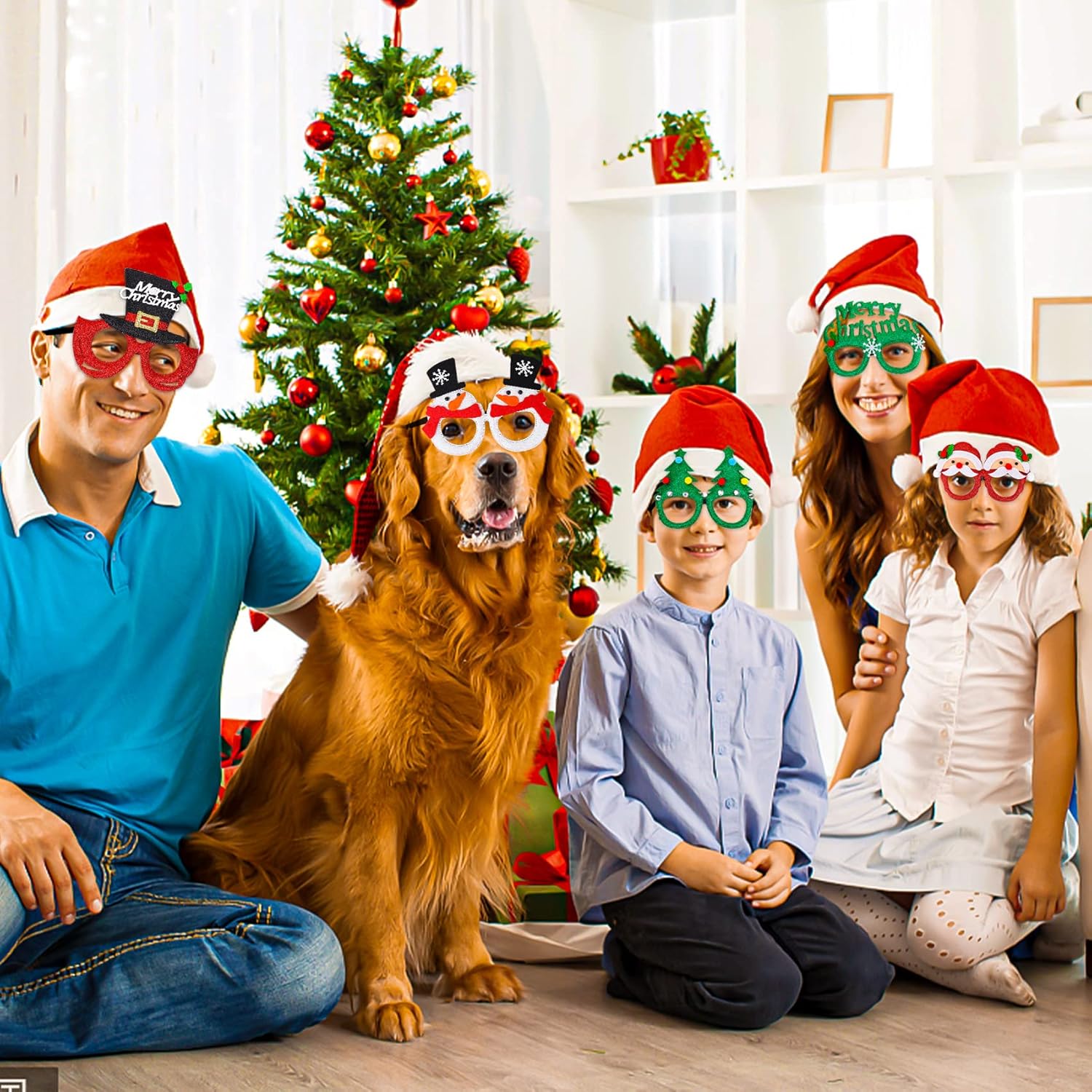 18Pcs Christmas Glasses Frame Christmas Headbands Christmas Hats Set, Hair Hoop Eyewear Eyeglasses Christmas Decoration, Santa Hat Christmas Photo Props for Xmas Party Supplies Holiday Favors