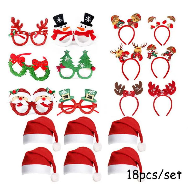 18Pcs Christmas Glasses Frame Christmas Headbands Christmas Hats Set, Hair Hoop Eyewear Eyeglasses Christmas Decoration, Santa Hat Christmas Photo Props for Xmas Party Supplies Holiday Favors