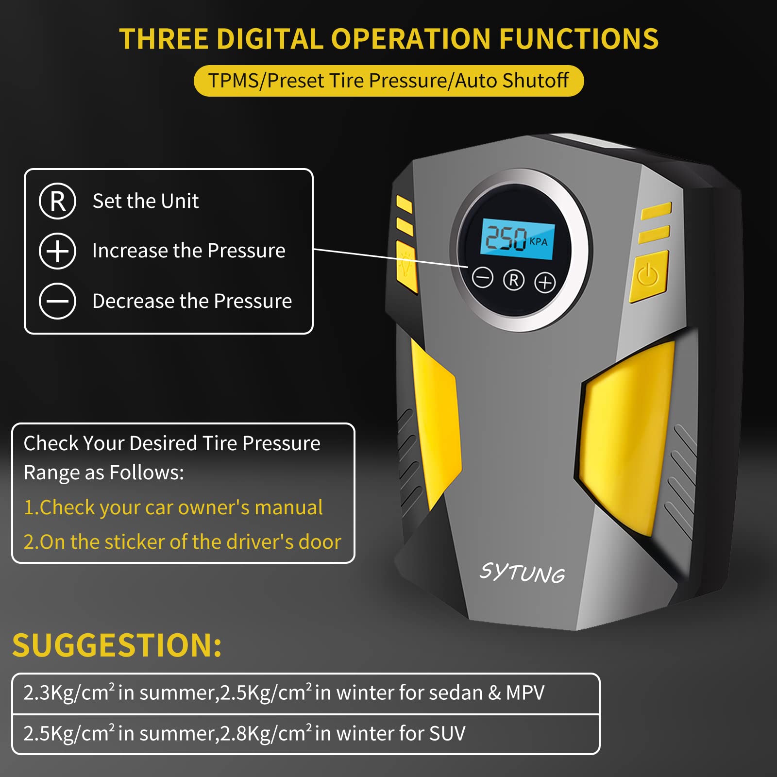 Digital Tyre Inflator, Portable Air Compressor Car Tyre Pump with 3 Nozzle Adaptors and Digital LED Light, 12V Rapid Tyre Inflator Air Compressor for Car Tires and Other Inflatables