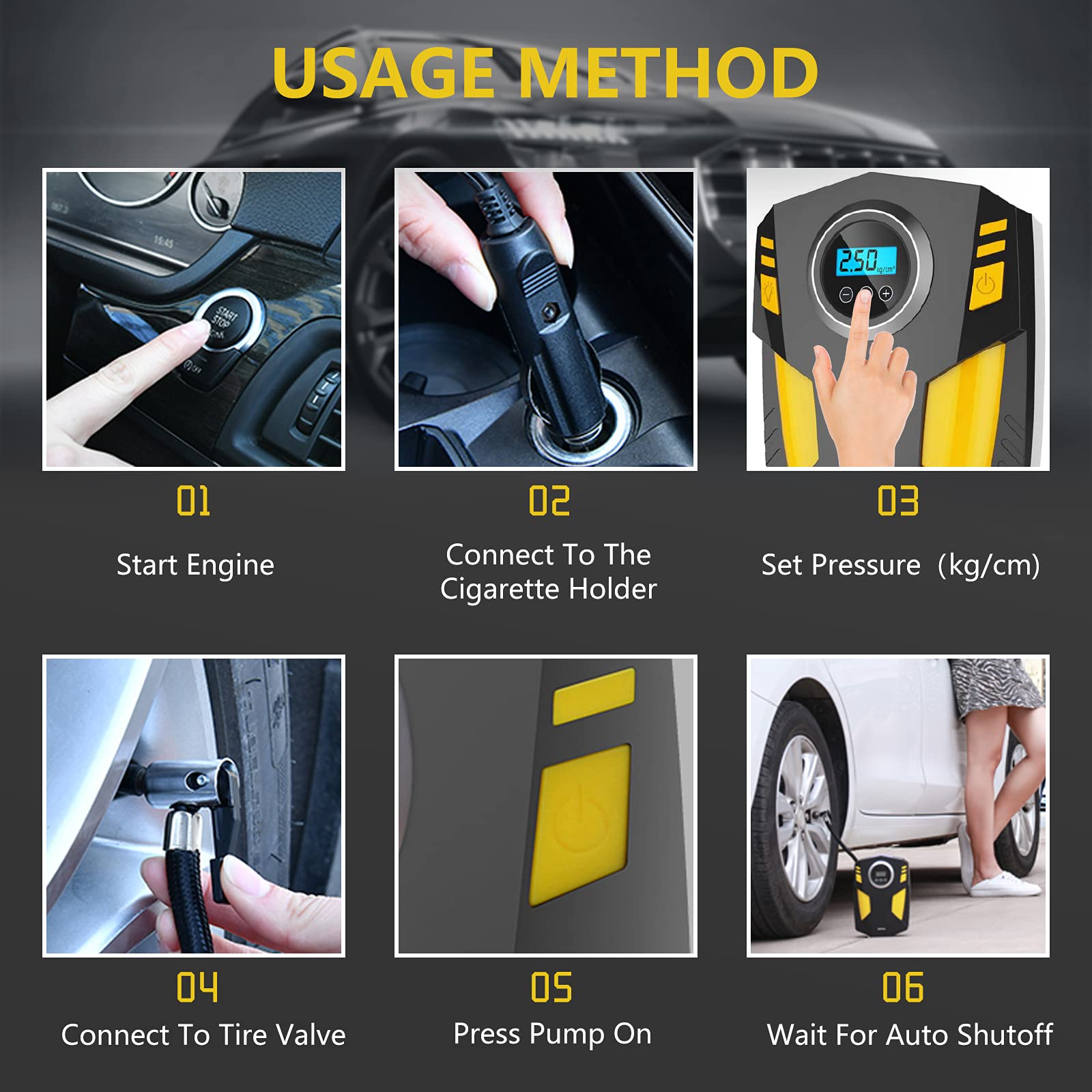 Digital Tyre Inflator, Portable Air Compressor Car Tyre Pump with 3 Nozzle Adaptors and Digital LED Light, 12V Rapid Tyre Inflator Air Compressor for Car Tires and Other Inflatables