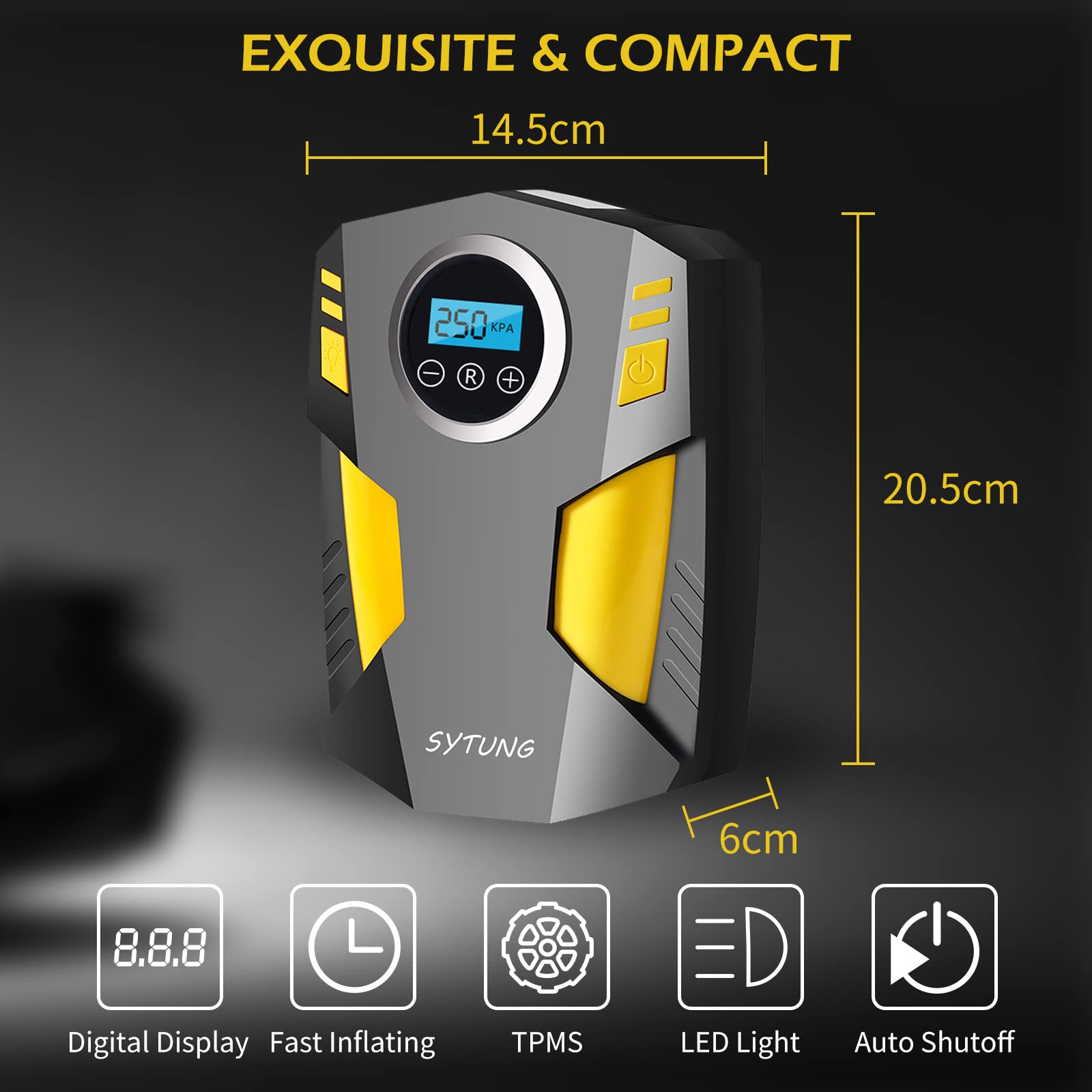 Digital Tyre Inflator, Portable Air Compressor Car Tyre Pump with 3 Nozzle Adaptors and Digital LED Light, 12V Rapid Tyre Inflator Air Compressor for Car Tires and Other Inflatables
