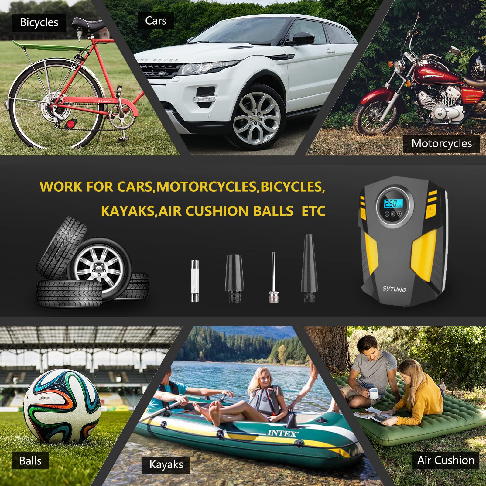 Digital Tyre Inflator, Portable Air Compressor Car Tyre Pump with 3 Nozzle Adaptors and Digital LED Light, 12V Rapid Tyre Inflator Air Compressor for Car Tires and Other Inflatables