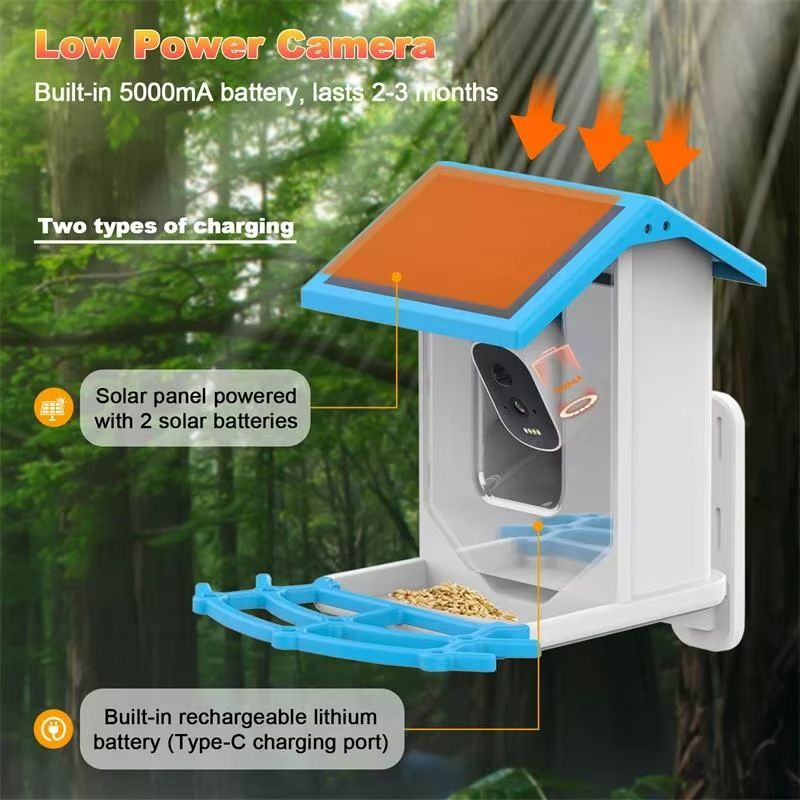 Smart Bird Feeder with Camera 1080P HD Camera Solar Panel Low Power Night Vision IPX6 Waterproof 4G or WIFI Connect