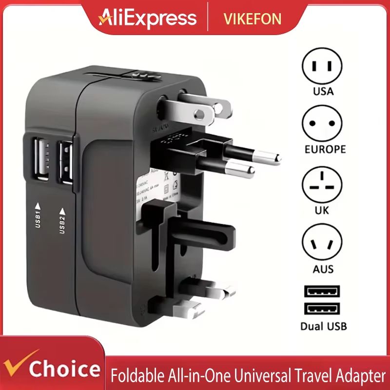 Foldable All-in-One Universal Travel Adapter EU UK US AU Power Charger Adapter Outlet Converter Socket with Dual USB 2.1a Port