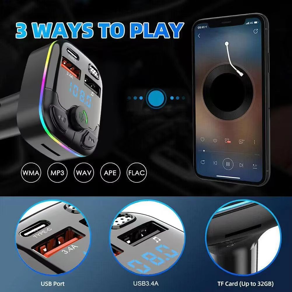 Car Charger Bluetooth 5.0 FM Transmitter PD Type-C Dual USB Ambient Player MP3 Charger Type-C Wireless Light Handsfree