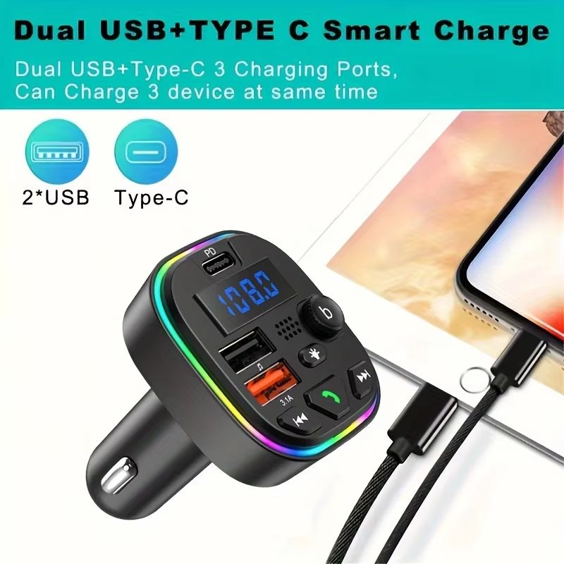 Car Bluetooth Audio Receiver with HD Mic Wireless FM Radio Kit Bluetooth 5.0 Car FM Transmitter Fast Colorful Charger And With Play MP3 Modulator Handsfree Ambient