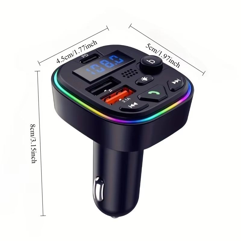 Car Bluetooth Audio Receiver with HD Mic Wireless FM Radio Kit Bluetooth 5.0 Car FM Transmitter Fast Colorful Charger And With Play MP3 Modulator Handsfree Ambient