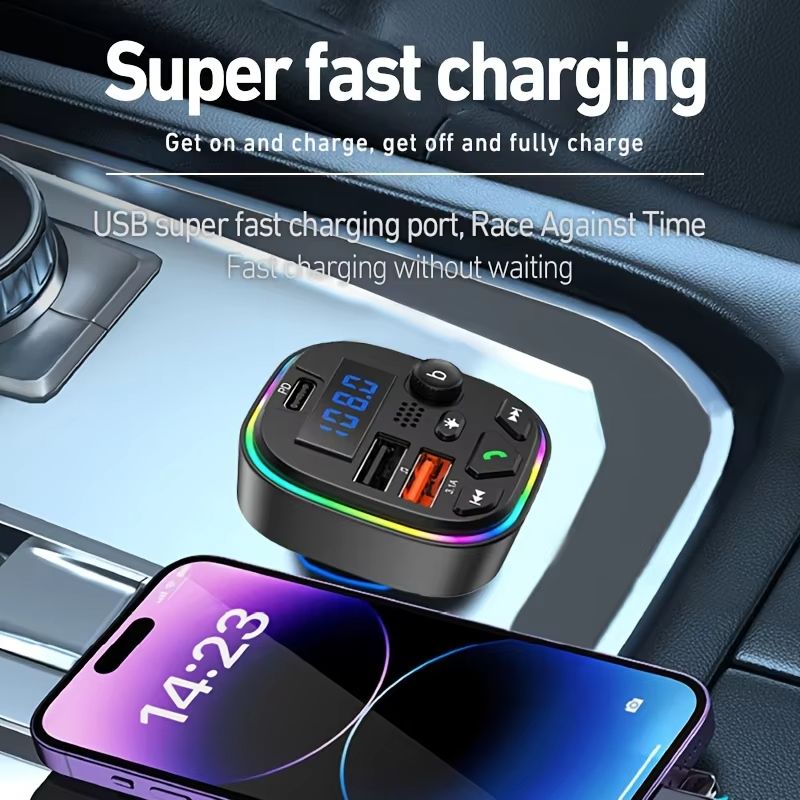 Car Bluetooth Audio Receiver with HD Mic Wireless FM Radio Kit Bluetooth 5.0 Car FM Transmitter Fast Colorful Charger And With Play MP3 Modulator Handsfree Ambient