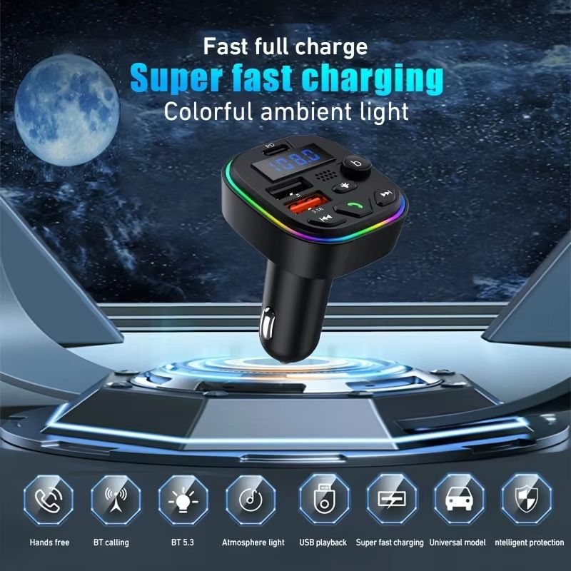 Car Bluetooth Audio Receiver with HD Mic Wireless FM Radio Kit Bluetooth 5.0 Car FM Transmitter Fast Colorful Charger And With Play MP3 Modulator Handsfree Ambient
