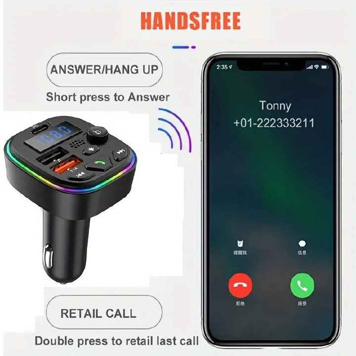 Car Bluetooth Audio Receiver with HD Mic Wireless FM Radio Kit Bluetooth 5.0 Car FM Transmitter Fast Colorful Charger And With Play MP3 Modulator Handsfree Ambient