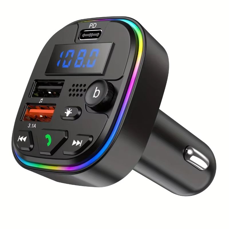 Car Bluetooth Audio Receiver with HD Mic Wireless FM Radio Kit Bluetooth 5.0 Car FM Transmitter Fast Colorful Charger And With Play MP3 Modulator Handsfree Ambient