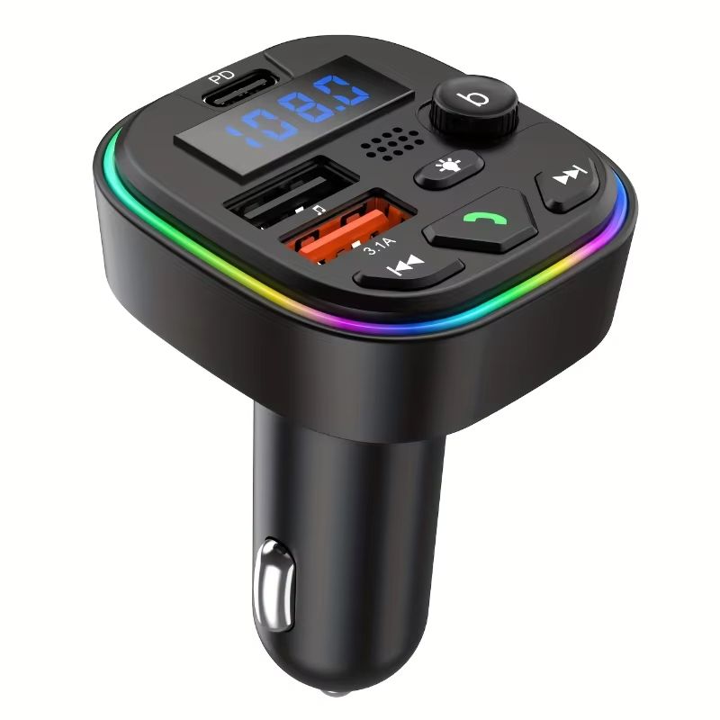 Car Bluetooth Audio Receiver with HD Mic Wireless FM Radio Kit Bluetooth 5.0 Car FM Transmitter Fast Colorful Charger And With Play MP3 Modulator Handsfree Ambient