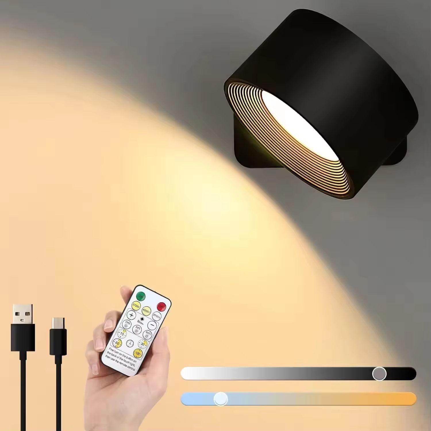 1200mAh Remote Control LED Wall Light USB Rechargeable Wall Mount Lamp with 360 Degree Rotating Magnetic Ball Reading Light