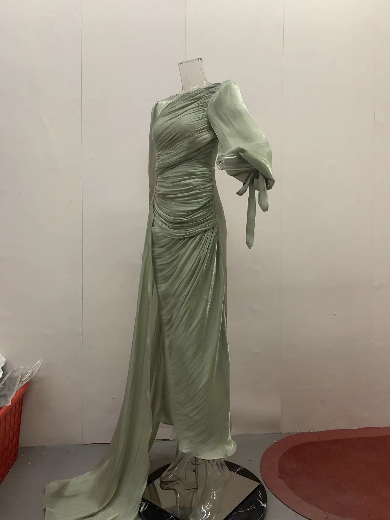 Fashion Lantern Sleeves Autumn Party Dress Elegant Solid Color Lace Up Dress Ladies O-neck High Waisted Pleated Long Dress