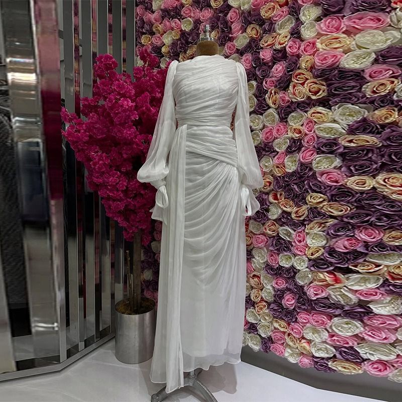 Fashion Lantern Sleeves Autumn Party Dress Elegant Solid Color Lace Up Dress Ladies O-neck High Waisted Pleated Long Dress