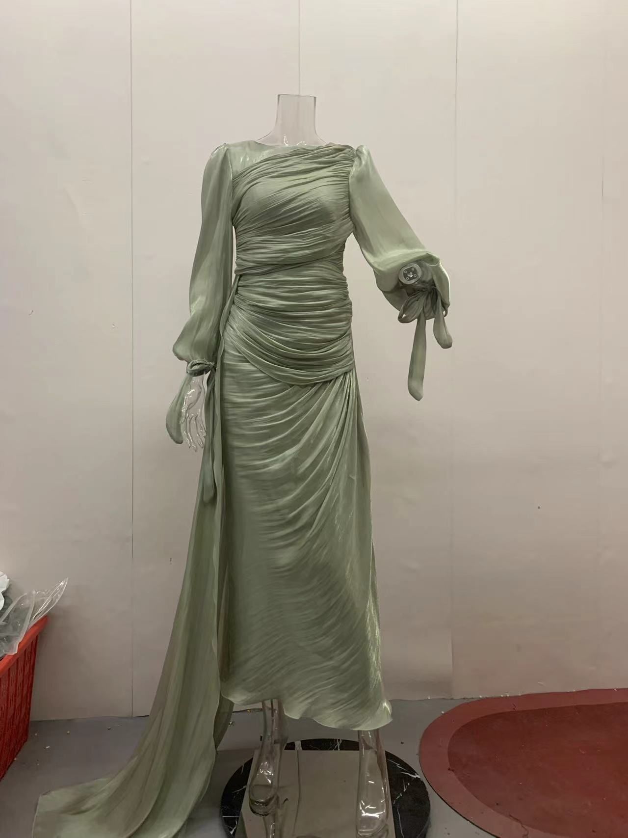 Fashion Lantern Sleeves Autumn Party Dress Elegant Solid Color Lace Up Dress Ladies O-neck High Waisted Pleated Long Dress