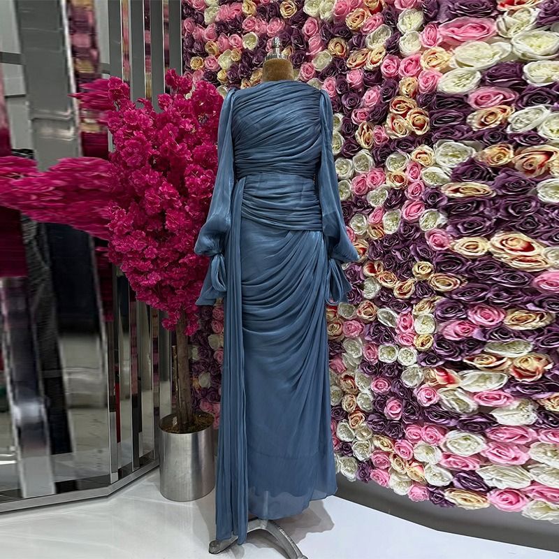 Fashion Lantern Sleeves Autumn Party Dress Elegant Solid Color Lace Up Dress Ladies O-neck High Waisted Pleated Long Dress