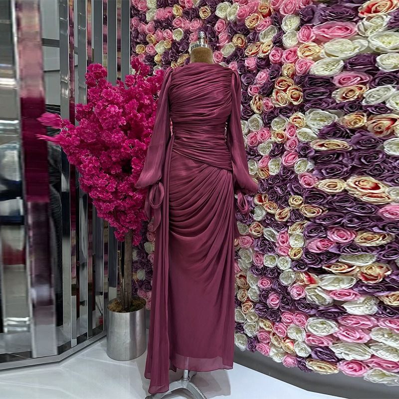 Fashion Lantern Sleeves Autumn Party Dress Elegant Solid Color Lace Up Dress Ladies O-neck High Waisted Pleated Long Dress