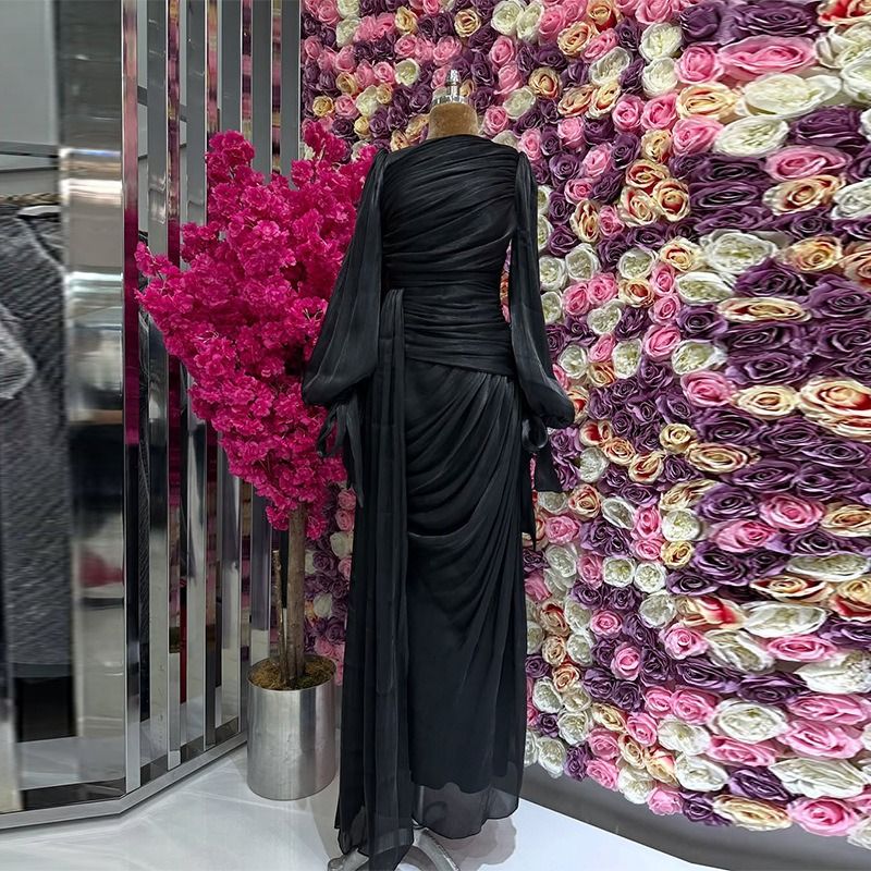 Fashion Lantern Sleeves Autumn Party Dress Elegant Solid Color Lace Up Dress Ladies O-neck High Waisted Pleated Long Dress