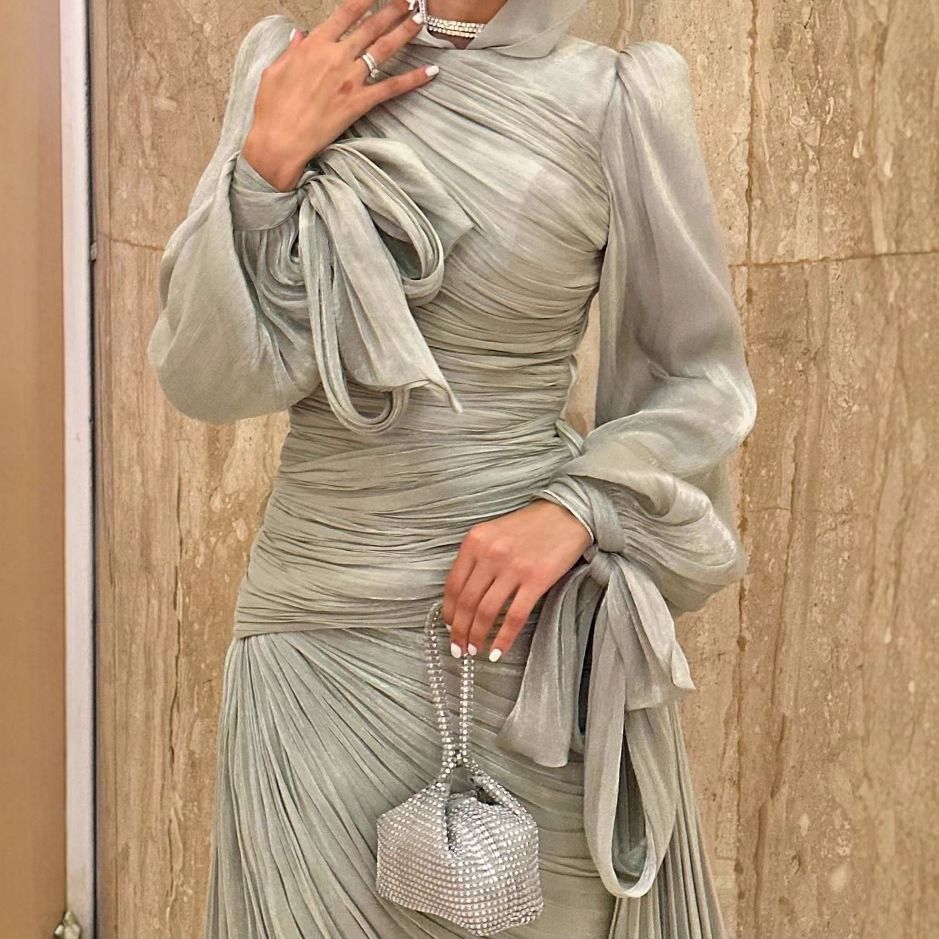 Fashion Lantern Sleeves Autumn Party Dress Elegant Solid Color Lace Up Dress Ladies O-neck High Waisted Pleated Long Dress