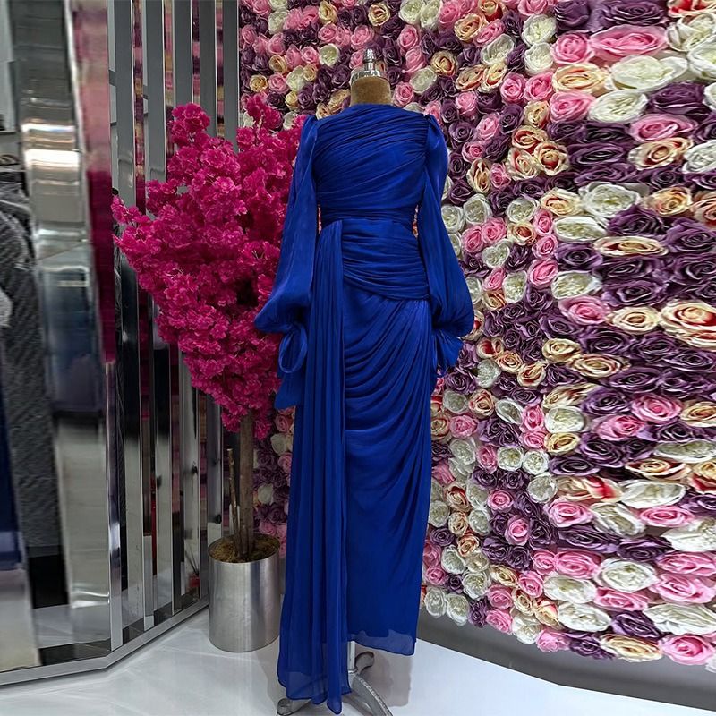 Fashion Lantern Sleeves Autumn Party Dress Elegant Solid Color Lace Up Dress Ladies O-neck High Waisted Pleated Long Dress