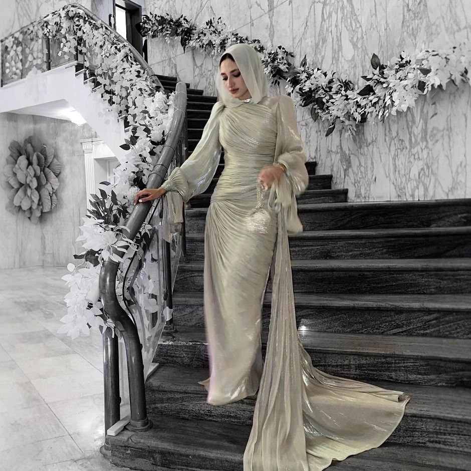 Fashion Lantern Sleeves Autumn Party Dress Elegant Solid Color Lace Up Dress Ladies O-neck High Waisted Pleated Long Dress