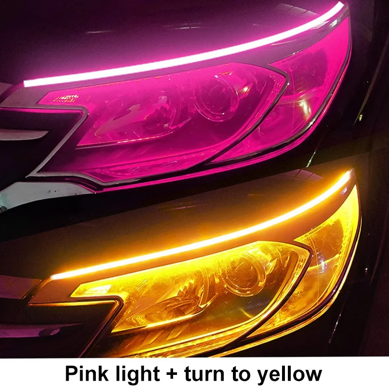 2pcs LED DRL Car Daytime Running Light Flexible Waterproof Strip Auto Headlights White Turn Signal Yellow Brake Flow Lights 12V Led Guide Strip