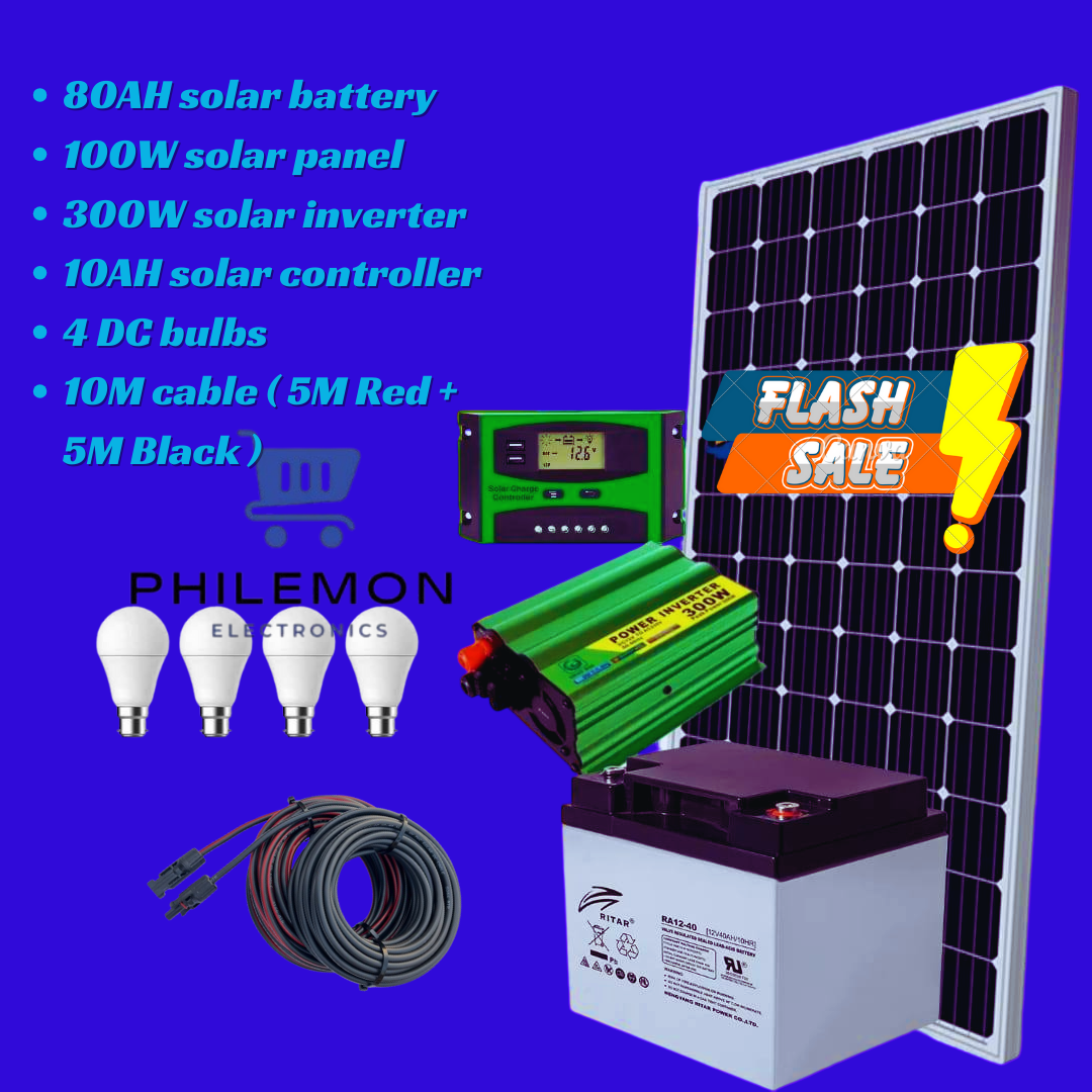 Solarmax Special All-Weather Solar Panel Full Kit – 100W Solar Panel + 80AH Battery + 10A Solar Charge Controller + FREE Bulbs