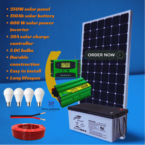 Sunnypex 250W Solar Panel Full Kit + 200 AH Battery + 20 AH Solar Charge Controller + 600 Watts Inverter + 5 DC Bulbs