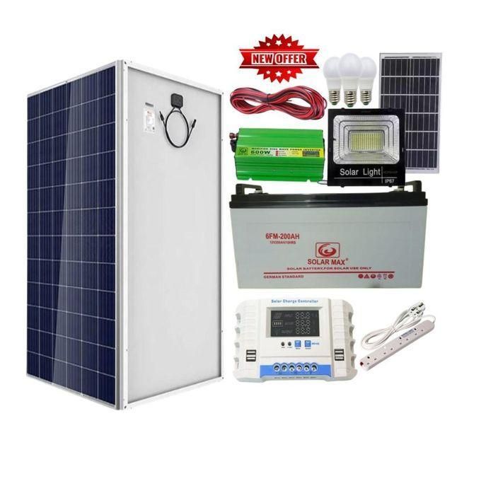 Solarmax 300Watts solar panel all weather +200ah solar battery + 600Watts solar power inverter +30Ah solar charge controller +3 Dc bulb +Extension +5m red ,5 m black cable+free 50watts solar flood lig
