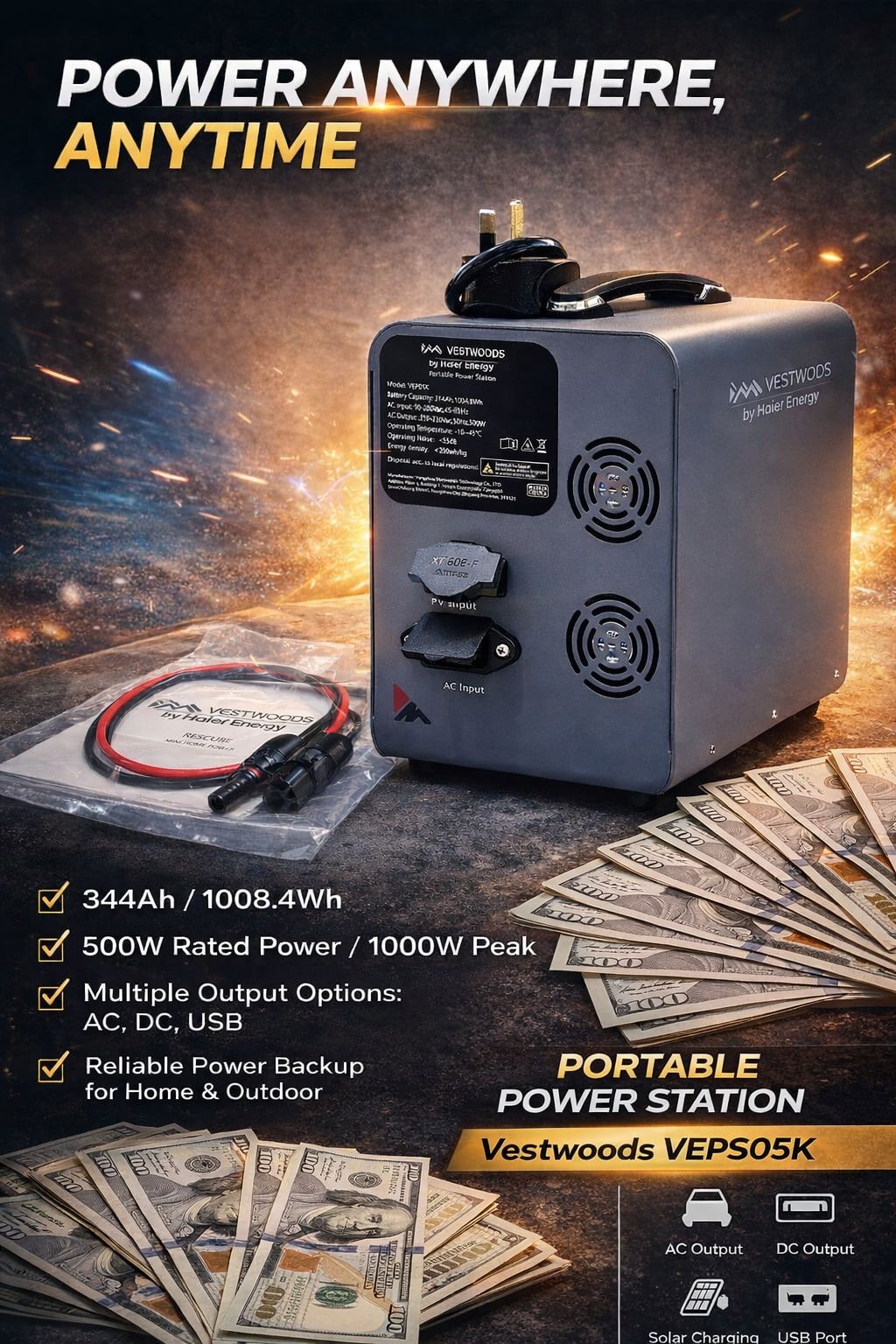 Portable Power Backup Station 1kW hour Peak – Mini Home Solar Ready Energy Storage (1000w)