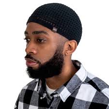 Adult Handmade Crochet Muslim BLACK Koofi Kufi Prayer Cap Hat Islam Beanie Topi. One size fits most. Stretch design