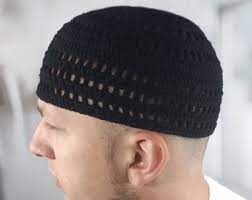Adult Handmade Crochet Muslim BLACK Koofi Kufi Prayer Cap Hat Islam Beanie Topi. One size fits most. Stretch design