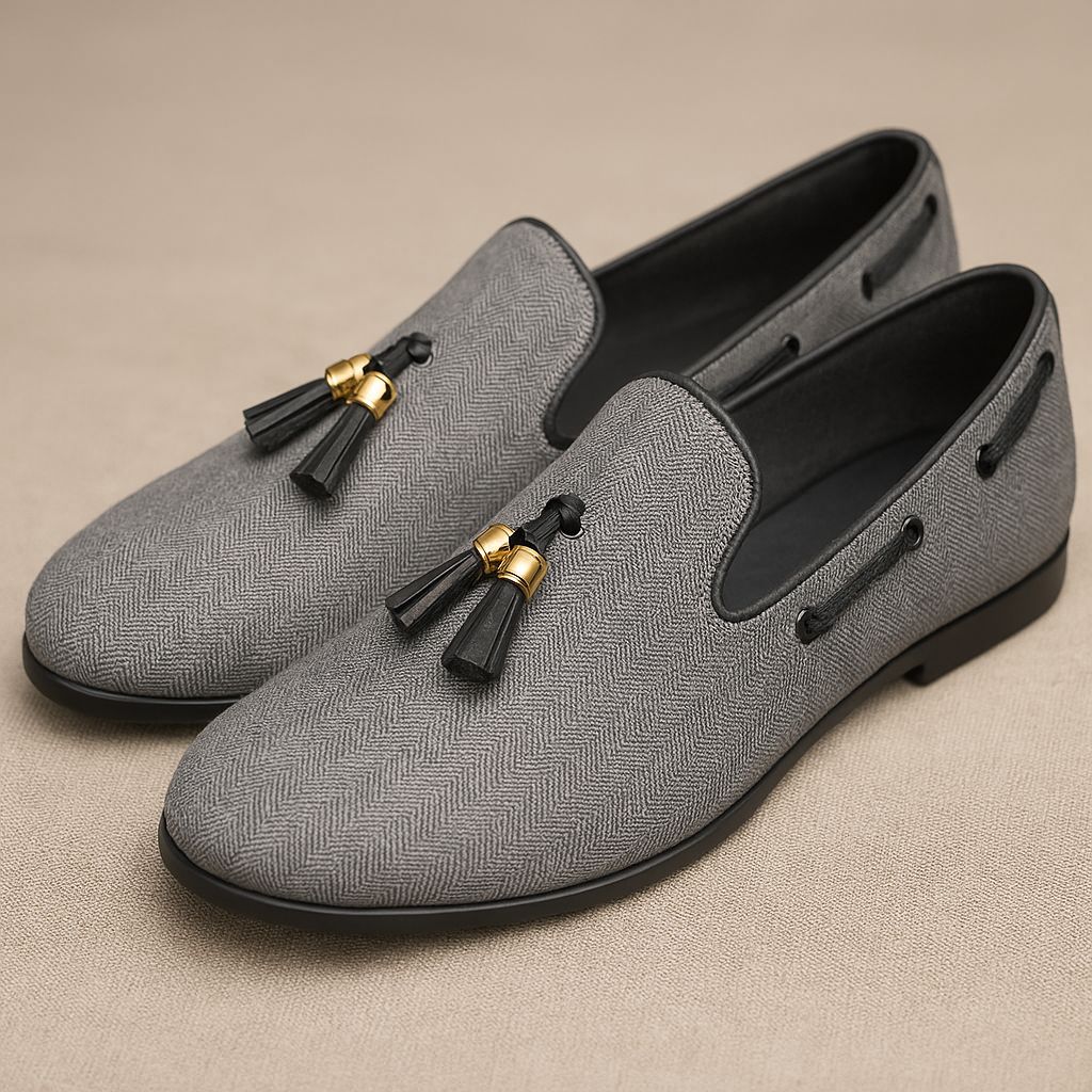 Premium Handcrafted Gray Loafers/ankara for Men – Elegant Slip-On Design with Stylish Tassels, Perfect for Formal & Casual Wear